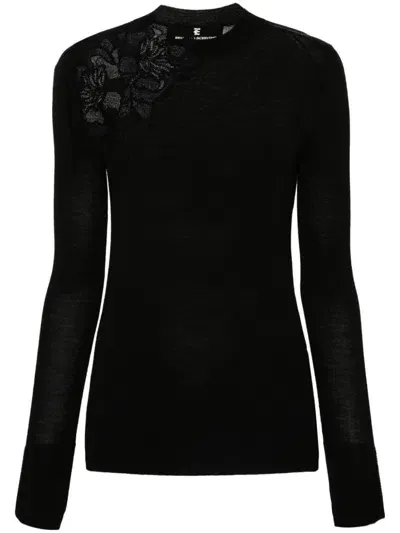 Ermanno Scervino Wool Sweater With Embroidered Floral Lace In Black