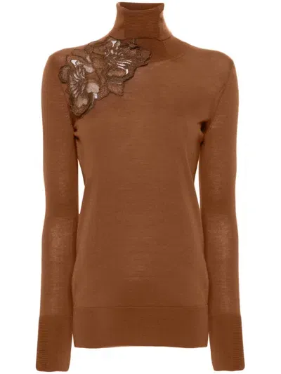 Ermanno Scervino Floral-lace Wool Jumper In Brown