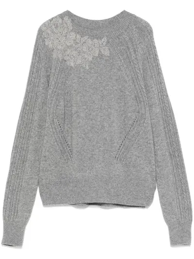 Ermanno Scervino Lace-embroidered Sweater In Grey