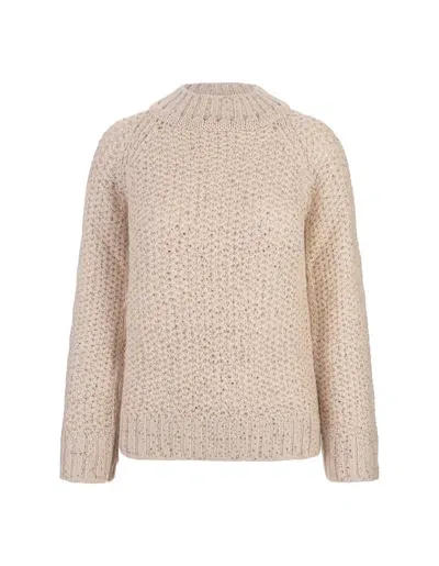 Ermanno Scervino Rose Beige Crew Neck Sweater With Crystals In Brown