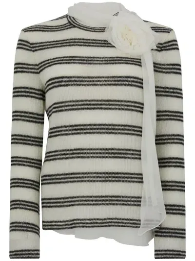 Ermanno Scervino White Striped Shirt With Black Stripes And Floral Detail