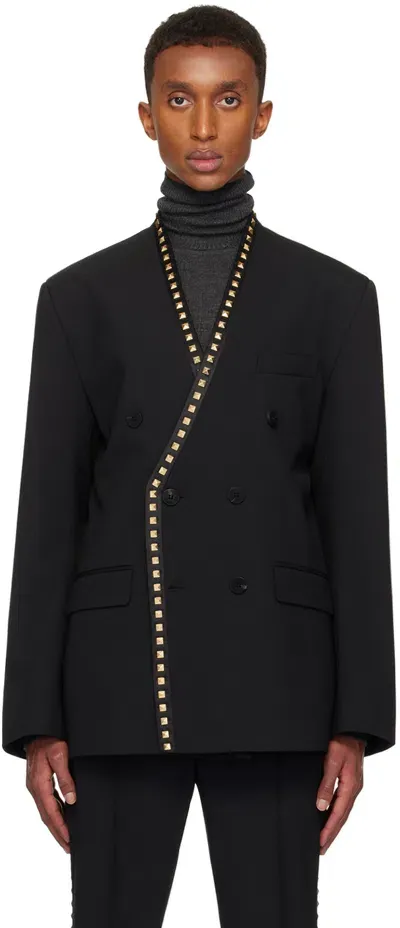 Ernest W Baker Black Studded Lapeless Double Breasted Blazer In Black W/ Gold Studs