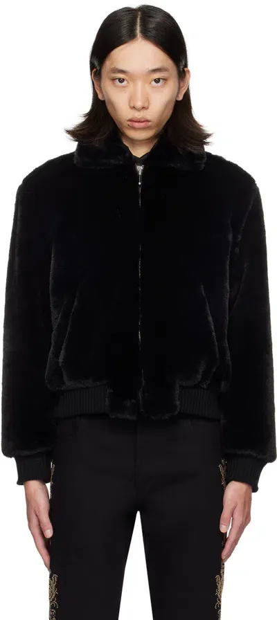 Ernest W Baker Ssense Exclusive Black Harrington Faux-fur Jacket In Black Faux Mink