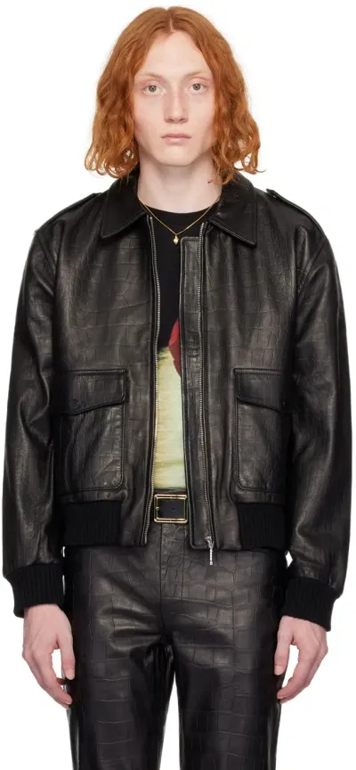 Ernest W Baker Black Croc-embossed Leather Jacket In Black Crocodile