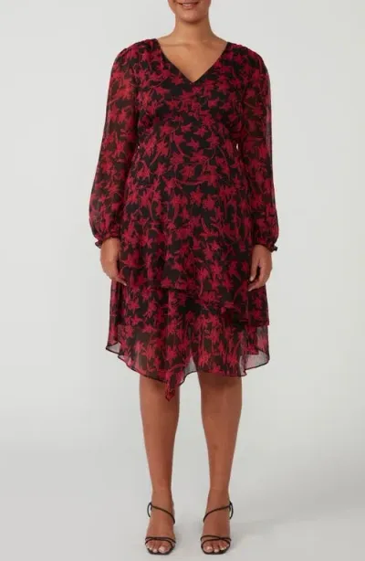 Estelle Bloom Luxe Long Sleeve Dress In Black/red Print