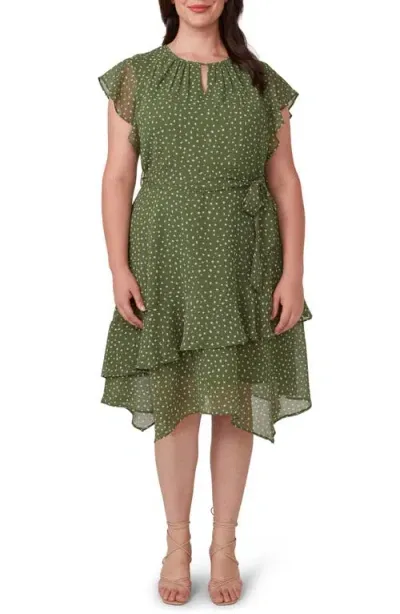 Estelle Night Pebble Ruffle Tie Waist Dress In Sage/milk