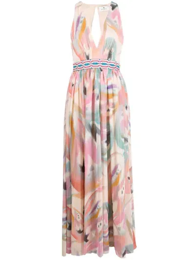 Etro Abstract-print V-neck Silk Dress In Multicolour