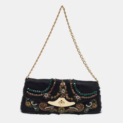 Pre-owned Etro Black Calfhair Crystal Embellished Turnlock Clutch