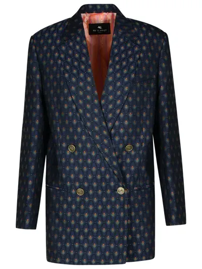 Etro Blue Wool Blend Blazer In Black