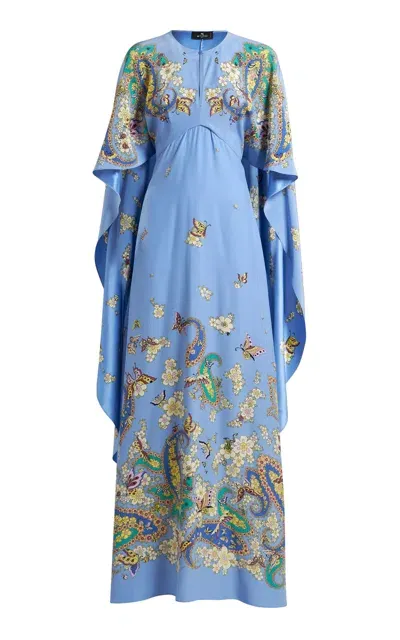 Etro Cape-detailed Silk Maxi Dress In Blue