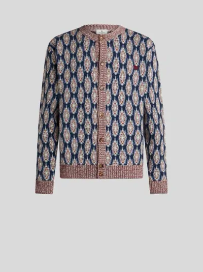 Etro Jacquard-pattern Crew-neck Cardigan In Navy Blue