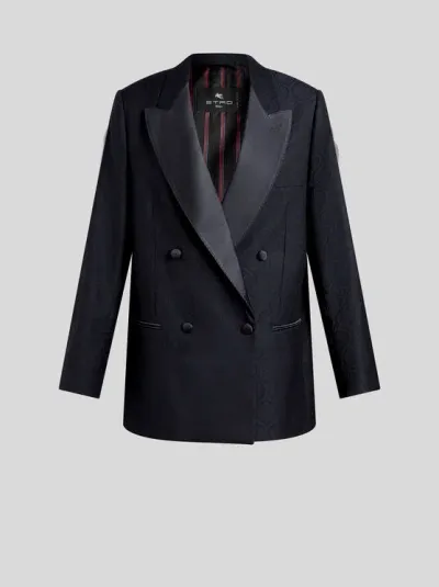 Etro Jacquard Double-breasted Blazer In Navy Blue