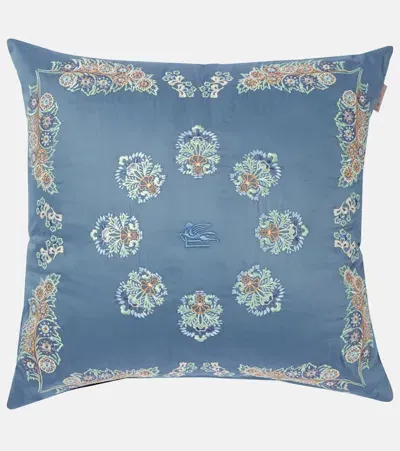 Etro Embroidered Cotton Satin Cushion In Blue