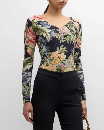 Etro Enchanted Floral V-neck Long-sleeve Fitted Sweater In Print On Blue Base