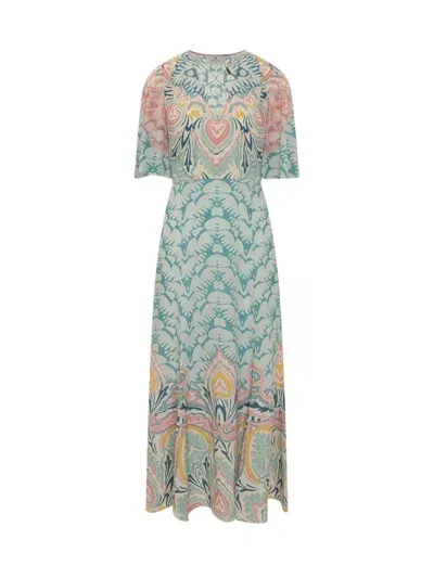 Etro Abstract-print Flutter-sleeve Silk Dress In White,multicolor