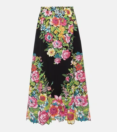 Etro Floral Cotton Maxi Skirt In Print On Black Base