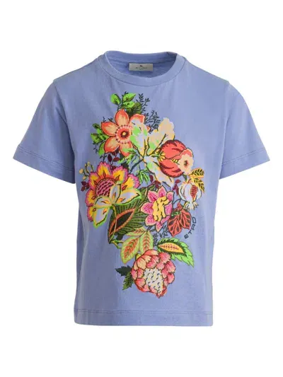 Etro Kids' Floral-embroidered Cotton T-shirt In Blue