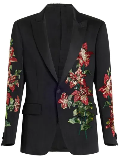 Etro Floral-embroidered Single-breasted Blazer In Black