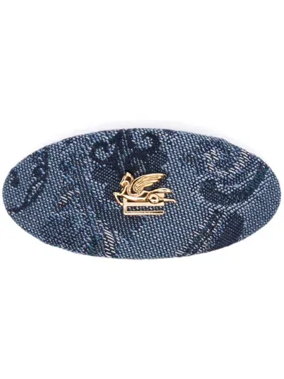 Etro Floral-jacquard Denim Hair Clip In Blue