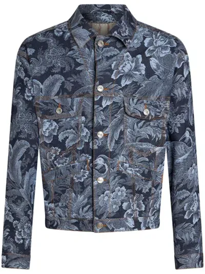 Etro Floral-jacquard Denim Jacket In Blue