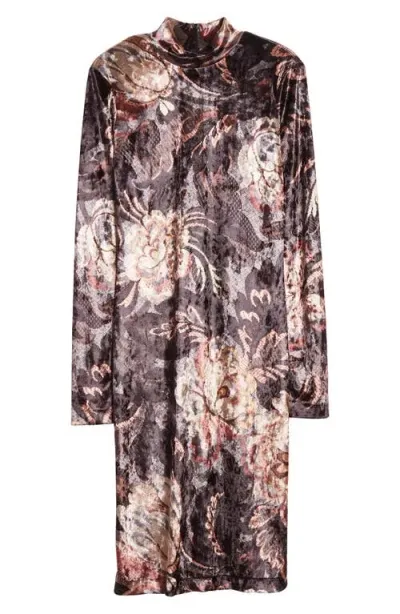 Etro Floral Print Long Sleeve Chenille Dress In Printed Gray Base