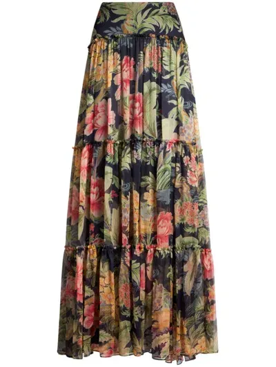 Etro Printed Silk Long Skirt In Blau