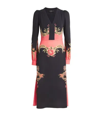 Etro Floral Print Midi Dress In Black