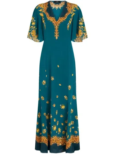 Etro Paisley-print Silk Crepe De Chine Maxi Dress In Blau