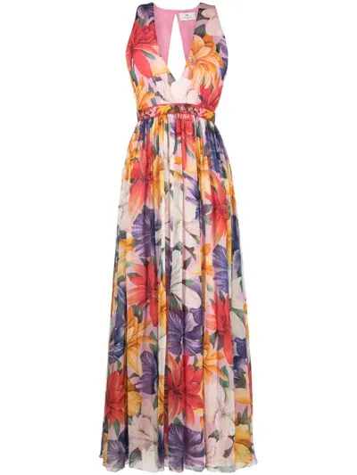 Etro Bold Floral-print Plunging Silk Maxi Dress In Blue