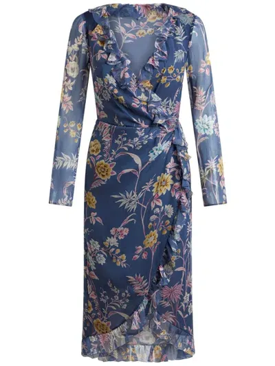 Etro Floral-print Silk Wrap Dress In Blue