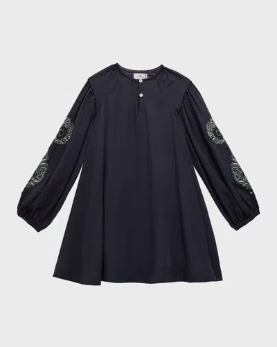 Etro Kids' Girl's Floral Embroidered Puff Sleeve Dress In Navy