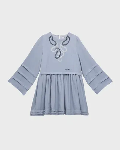 Etro Kids' Girl's Paisley Embroidered Logo-print Dress In Blue