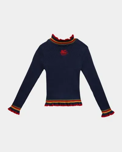 Etro Kids' Girl's Striped Knit Sweater W/ Logo Emblem In Navy