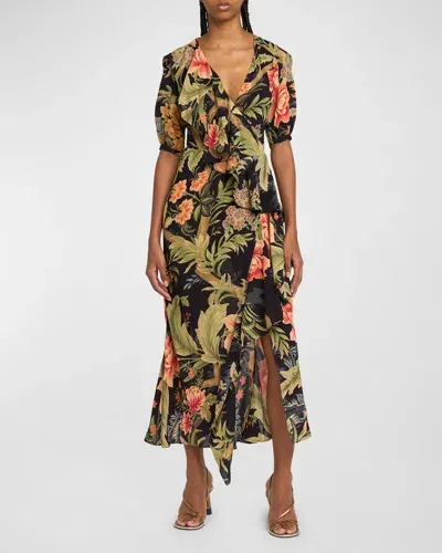 Etro Idillium Floral Silk Georgette Ruffle Midi Wrap Dress In Print On Blue Base