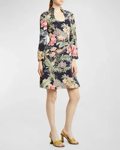 Etro Idillium Paisley U-neck Long-sleeve Dress In Print On Blue Base