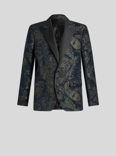 Etro Peak-lapel Jacquard Blazer In Blue