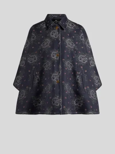 Etro Jacquard Denim Cape In Navy Blue