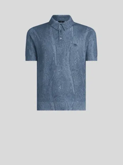 Etro Knit Polo-shirt With Paisley Print In Blue