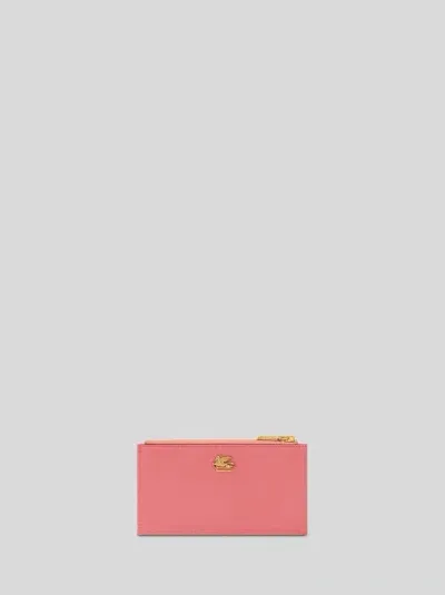 Etro Leather Card Holder With Pegaso In Pink