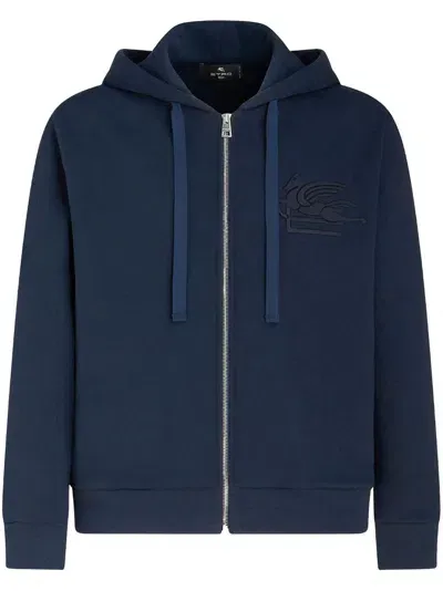 Etro Logo-embroidered Zip-up Cotton Jacket In Blue