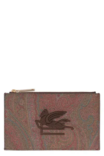 Etro Logo Print Flat Pouch In Brown