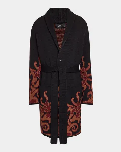 Etro Men's Patterned-trim Robe In Black 2