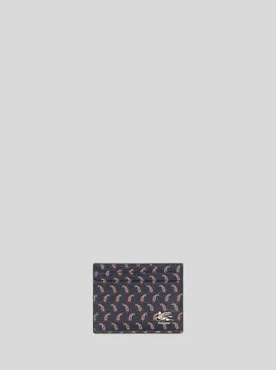 Etro Pegaso-plaque Paisley-print Cardholder In Navy Blue