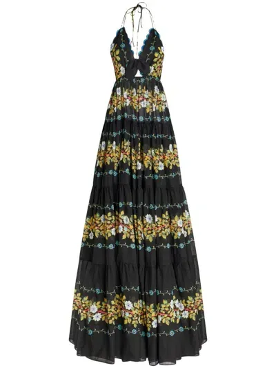 Etro Open Back Floral Cotton Maxi Dress In Black