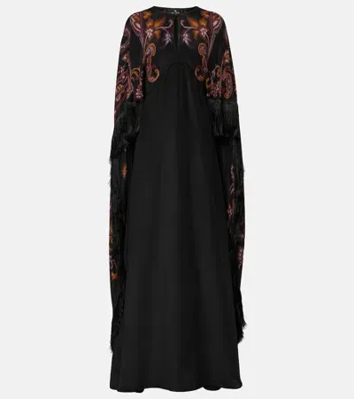 Etro Paisley Caped Fringed Silk Gown In Print On Black Base