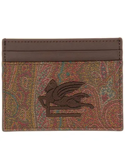 Etro Paisley Card Holder With Pegasus In Brown