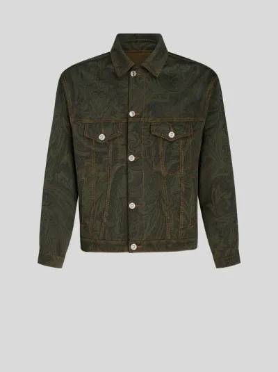 Etro Paisley-jacquard Denim Jacket In Green