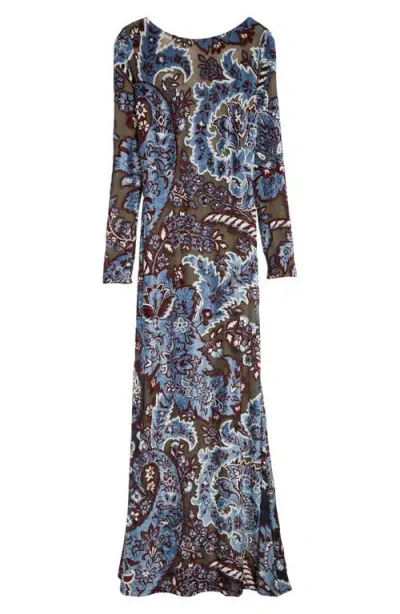 Etro Paisley Jacquard Velvet & Tulle Reversible Long Sleeve Midi Dress In Blue/grey