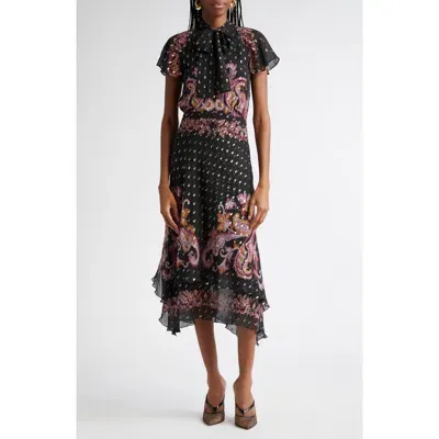 Etro Paisley Metallic Fil Coupé Dress In Printed Black Base