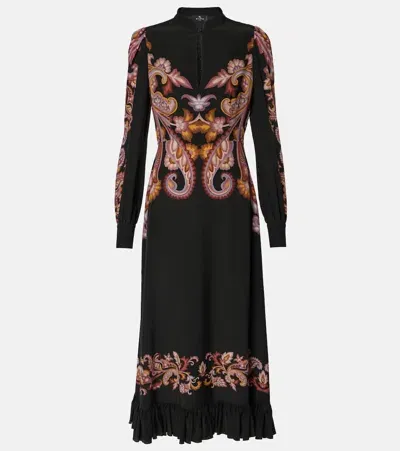 Etro Paisley Silk Midi Dress In Print On Black Base